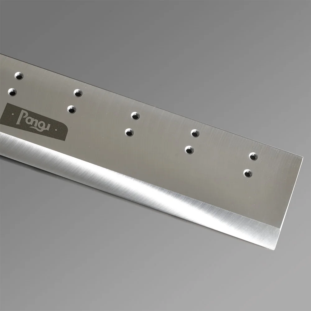 Guillotine blade with a polished steel surface, featuring mounting holes for installation.