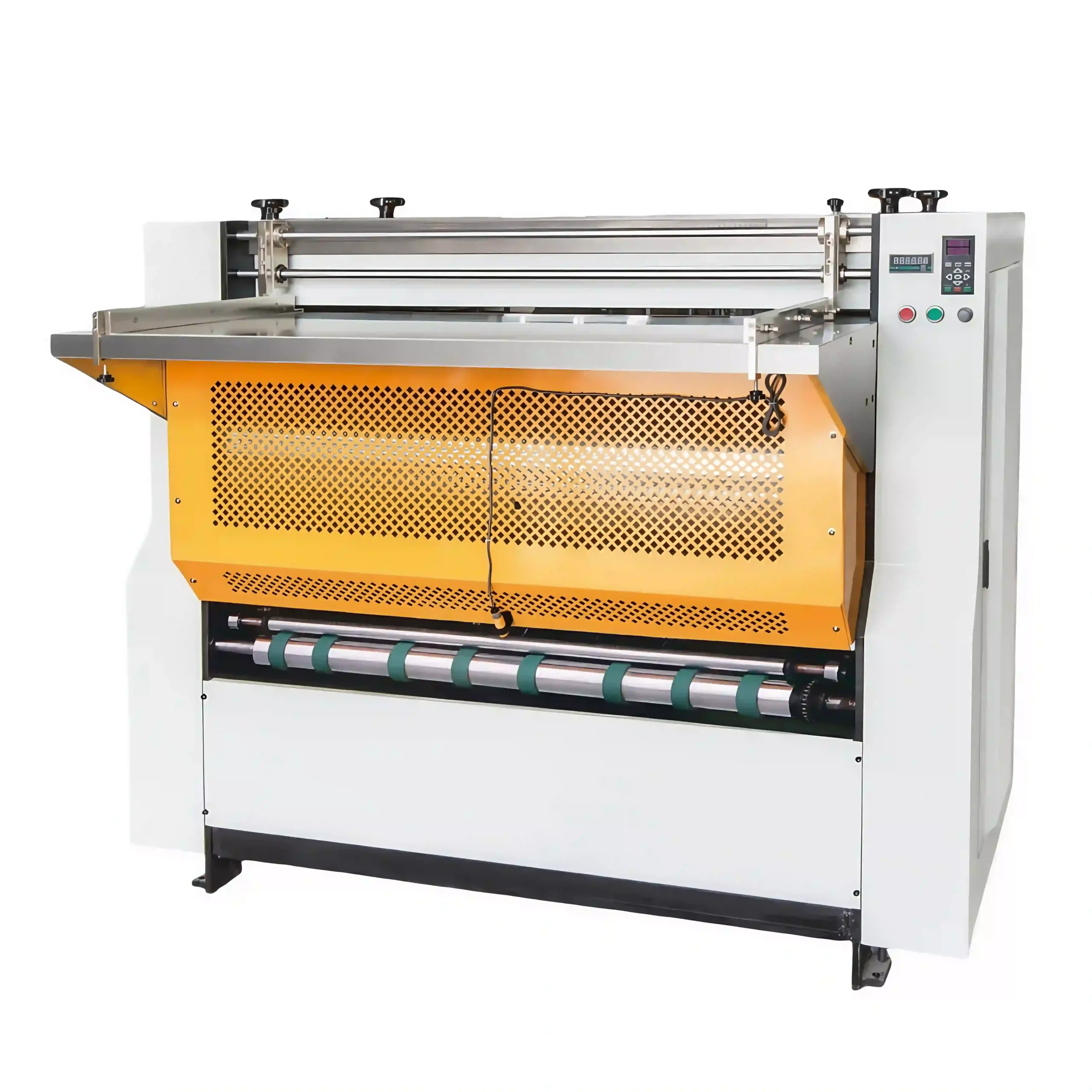 HR-1000 Manual Slotting Machine, designed for precision slotting of cardboard, features a sturdy white and yellow build with an integrated control panel and roller assembly for material feeding.