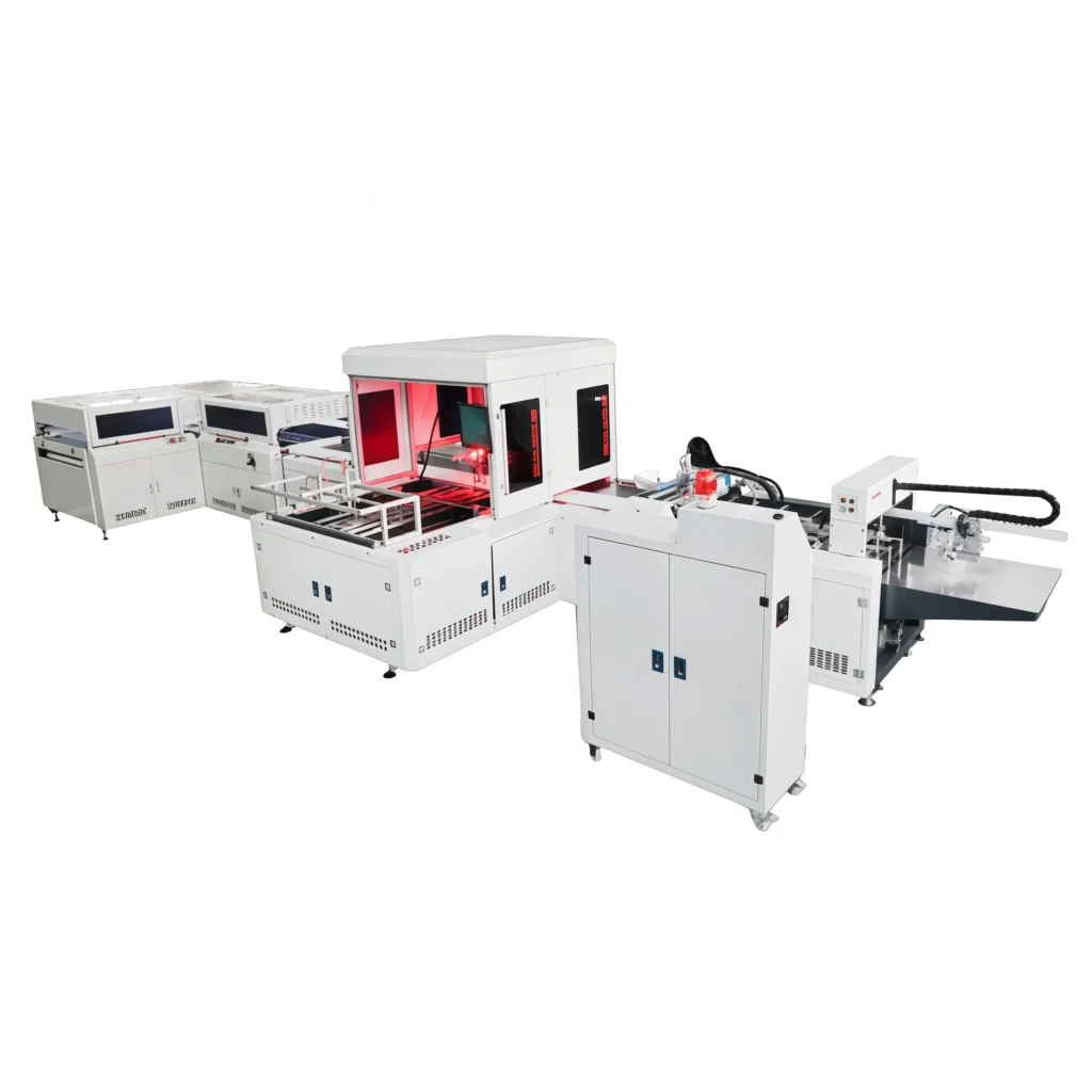 QFM 460YB Automatic Case Making Machine designed for precise production of paperboard cases with irregular shapes, featuring advanced automation.